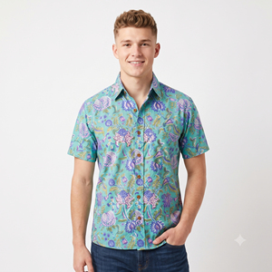 เสื้อเชิ้ตแขนสั้นผู้ชายพิมพ์ลายดอกไม้ลำลองคอปกผ้าฝ้ายสไตล์ฤดูร้อน - Product Image 1