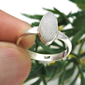 Simple 925 <b>Sterling</b> <b>Silver</b> Bohemian Style Bezel <b>Set</b> <b>Ring</b> With Marquise Cut Natural Druzy Gemstone Handmade Jewelry For Dailywear - Product Image 2