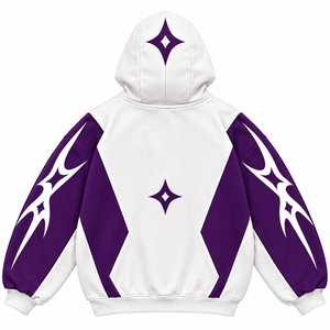 Veste à capuche zippée avec motif graphique blanc et violet, manches contrastées, style streetwear, pour homme et femme. - Product Image 2