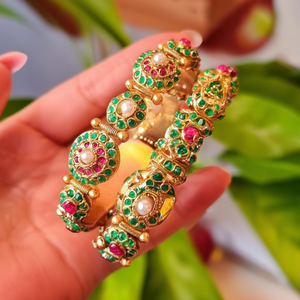 Green Kada <b>Bangles</b> 2x6-Gold Plated <b>Copper</b> & Brass Ethnic Bracelets with Pearl Bezel Setting - Product Image 2