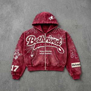 เสื้อฮู้ดซิปผู้ชายทรงโอเวอร์ไซส์ Bethrived ลายพิมพ์เพชร สไตล์สตรีทแวร์ สีแดงฤดูใบไม้ร่วง พร้อมดีไซน์กระเป๋า - Product Image 3