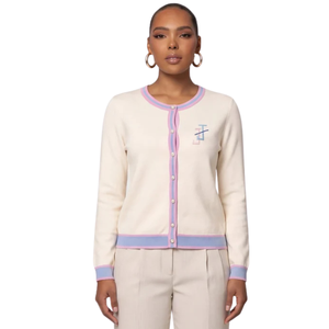 For Winter <b>Cardigan</b> with <b>Pink</b> Blue Trim Knit Sweater 100% Acrylic Elegant Fashion Top Women <b>Girls</b> Casual Daily - Product Image 1