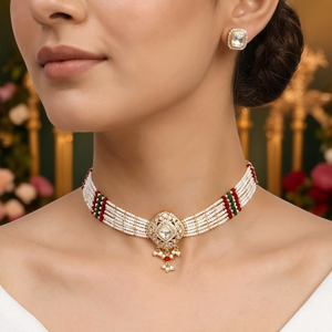 18k Gold Plated Diamond Choker <b>Necklace</b> <b>Set</b> with <b>Pearl</b> and Beads-Party Jewelry - Product Image 3