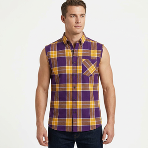 Camiseta de Algodón 100% Personalizada para Hombre, Color Morado, Amarillo y Marrón, Estilo Vintage, Franela a Cuadros, Tejido Grueso, 220g - Product Image 1