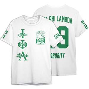 Camiseta Iota Phi Lambda blanca y verde con cuello redondo, estampado personalizado del capítulo, camiseta de manga corta de inspiración griega para mujer, ajuste unisex - Product Image 4