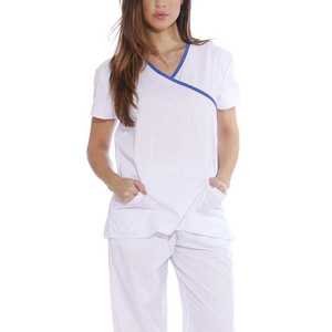Women White <b>Scrub</b> <b>Set</b> With Blue Trim V-Neck Top And Pants Hospital Uniform Cotton Polyester Blend Woven Fabric - Product Image 3