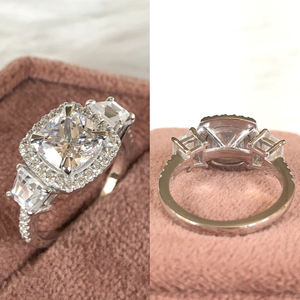 Bague de fiançailles en or blanc 10K massif avec moissanite taille coussin, halo solitaire et pierres latérales taille trapèze - Product Image 4