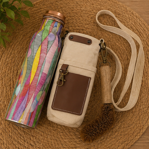 Vase d'hydratation artisanal en cuivre imprimé abstrait coloré avec brosse, écologique, portable, multi-usage, pour la maison, avec couvercle et sous-verre - Product Image 1