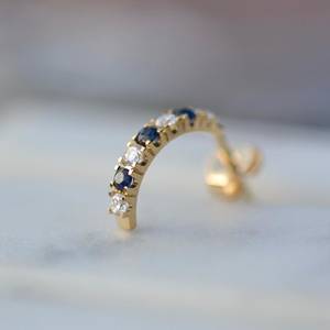 925 Sterling Silver <b>Blue</b> Sapphire and Moissanite Half Hoop <b>Earrings</b> Curved <b>Stud</b> <b>Earrings</b> for Women Jewelry Gift - Product Image 2