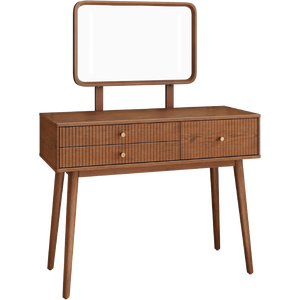 Mid-Century Modern Softline Teak Vanity <b>Desk</b> <b>with</b> Fluted <b>Drawer</b> Fronts & Framed Rectangular Mirror - Product Image 1