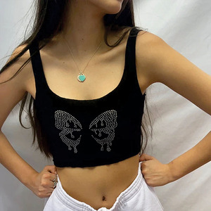Trendy Women Ribbed Luxury Rhinestone Butterfly Crop Tank <b>Top</b> Trendy Slim Fit Sleeveless Streetwear Women's Shirts Manufacturer - Product Image 5