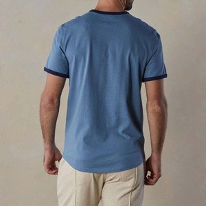 Camiseta de Algodón de Manga Corta para Hombre, Corte Regular, Color Azul, con Ribete en Contraste, Cuello Redondo, Estilo Casual - Product Image 5
