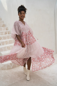 Robe longue ample à fleurs pour femme, manches longues, col noué, style bohème, robe décontractée en coton imprimé - Product Image 2