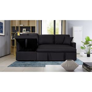 Divano Sezionale Reversibile Paisley da 82 Pollici in Tessuto Lino Nero con Chaise Longue Contenitore e Funzione Letto - Product Image 4