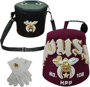 Conjunto de Gorro Fez Masónico Shriner Hecho a Medida (4 Filas como se muestra en la imagen) – Fez de Lana 100% Borgoña Bordado a Mano con Hilos Metálicos - Product Image 1