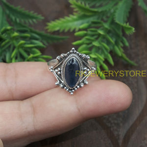 Blue Kyanite Gemstone Ring <b>Solid</b> <b>Silver</b> Handmade Vintage Boho Statement Ring Oval Cabochon Natural Crystal Jewelry for Unisex - Product Image 5