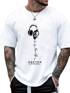 ONETEN Camiseta blanca de manga corta con cuello redondo para hombre con estampado gráfico de auriculares Music Is Life - Product Image 3