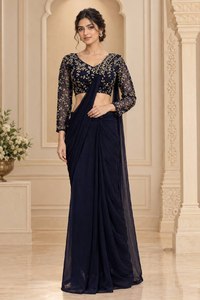 Blusa de Chiffon Azul Marino para Saree, con Bordado Floral a Mano, Manga Larga, Estilo India/Pakistán - Product Image 4