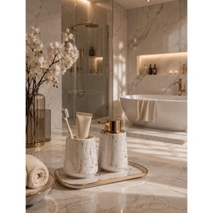 New Arrival Marble Bathroom Set 2-Piece Round Soap Dispenser <b>Toothbrush</b> Holder Luxury Style Easy To Clean - Product Image 5