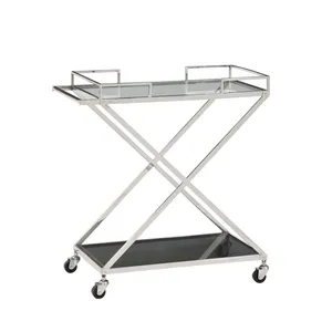 Carrito de Bar Metálico Hecho a Mano con Acabado Dorado, Estantes de Vidrio, Porta Botellas, Ruedas Giratorias de Lujo y Decoración Interior Contemporánea - Product Image 3