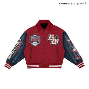 Brooklyn Warlines Varsity <b>Jacket</b> Men <b>Red</b> Navy Embroidered Patch Design O-Neck Collar <b>Waterproof</b> Breathable 100% Wool Thick - Product Image 1