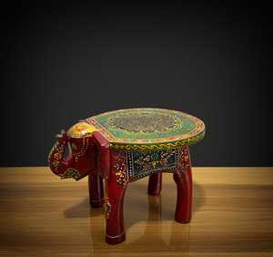 Tabouret en bois artisanal en forme d'éléphant avec dessus en feuille de laiton embossée |   Table d'appoint moderne peinte à la main pour plantes, style Rajasthan, pour la maison ou le bureau - Product Image 4