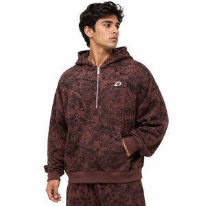Brown Printed Men <b>Hoodies</b> French Terry Half <b>Zip</b> Oversized Drop Shoulder Kangaroo <b>Pocket</b> Casual Wear Autumn Style ODM Factory - Product Image 1