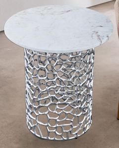 Contemporary Round <b>Side</b> <b>Table</b> With Marble Top And <b>Silver</b> Metal Base Indoor Home Decor Accent Piece - Product Image 3