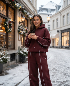 Custom Logo Women's Oversized Hoodie and Wide Leg Jogger Tracksuit <b>Set</b> Fleece Contrast Piping Casual Contrastline Sweat Suit - Product Image 3