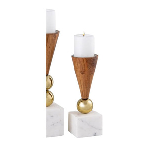 Ensemble de porte-bougies en métal, bois et marbre avec sphères dorées et base cubique blanche pour une décoration intérieure élégante - Product Image 6