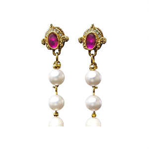 24K Gold Plated Pearl Drop Earrings-Vintage Religious Geometric Laxmi Dangler - Product Image 3