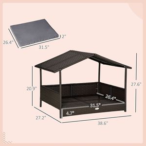 Cuccia Rialzata per Cani in Vimini con Motivo a Righe, Cuccia per Gatti in Rattan PE con Cuscino Grigio e Tettuccio - Product Image 3