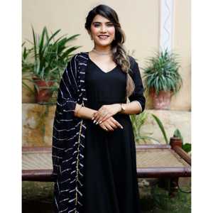 Magnifique ensemble de costume en rayonne et mousseline de soie noir pour femme, taille XS, élégant, ethnique, pour soirée, kurta dupatta - Product Image 4