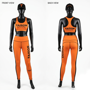 Ensemble de legging et soutien-gorge de BJJ en polyester et élasthanne 280 GSM de qualité supérieure, orange et noir avec panneau latéral, logo personnalisé par sublimation - Product Image 1