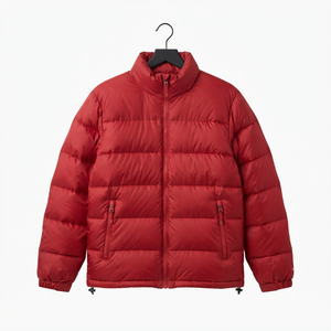 <b>Men's</b> Red Stand Collar Puffer <b>Jacket</b> Windproof Zipper Closure Casual Winter Coat Regular Fit Polyester Fiber Filling - Product Image 1