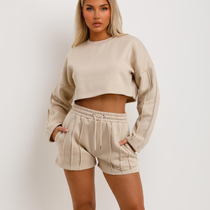 Women Beige 2 Piece <b>Tracksuit</b> Set Cropped Sweatshirt Shorts Full Sleeve Crew Neck Solid Color Side Pockets set - Product Image 1