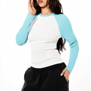 Women's Color Blocked Raglan Sleeve <b>Crop</b> <b>Top</b> Crew Neck Knitted Long Sleeve Slim Fit Casual Wear All Seasons - Product Image 4