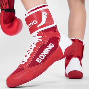 <b>Men</b> High Top Wrestling <b>Shoes</b> <b>Red</b> White PU Upper Rubber Outsole Mesh Lining Combat Training Footwear - Product Image 2