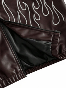 Blouson aviateur en cuir véritable pour homme, couleur personnalisée, logo, haute qualité, col rabattable, fermeture éclair, design flamme brodé - Product Image 5
