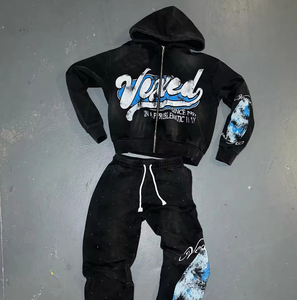 Winter Plus Size Heavyweight Breathable Sweatpants Tracksuit Acid Washed <b>Zip</b> Dtg Printing Custom Rhinestone Wash Men's Hoodies - Product Image 4