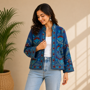 Chaqueta Acolchada de Algodón Bordada para Mujer, con Estampado Floral, Cuello Mao, Manga Farol, Estilo Boho Casual de Invierno, de Secado Rápido - Product Image 2