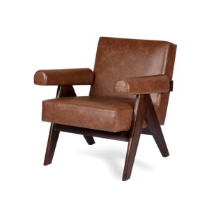 Fauteuil de salon rembourré style Pierre Jeanneret en bois massif avec pieds en V et finition cuir pour bureau de direction - Vente en gros - Product Image 6