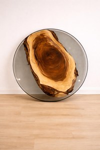 Mesa de centro redonda de resina epoxi con rodajas de madera natural y tapa de vidrio, mueble contemporáneo para decoración de sala de estar, uso en interiores. - Product Image 3