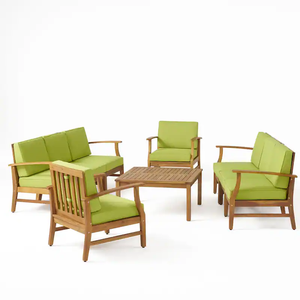 Modern Teak Wood <b>Outdoor</b> <b>Garden</b> Set with Green <b>Cushions</b> and Coffee Table for 6 Seating Capacity Patio Furniture - Product Image 1