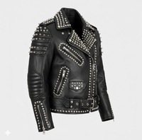 Blouson de moto en cuir noir imperméable pour homme, style punk, avec fermeture éclair cloutée, col rabattable et ceinture sur le devant