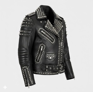 Blouson de moto en cuir noir pour homme, style punk, avec fermeture éclair cloutée, col rabattable et ceinture. - Product Image 3