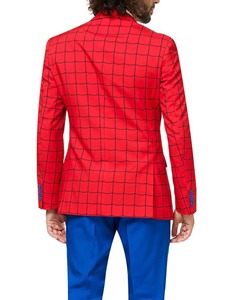 High Quality Mens <b>Red</b> Spiider-Man Print Blazer <b>Suit</b> With Blue Pants And Tie British Style Formal Wear - Product Image 3