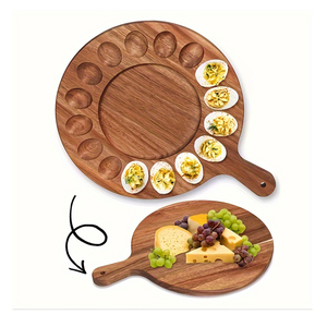 Plateau rond en bois pour œufs, avec 18 emplacements pour œufs farcis, plateau de service avec poignées en cuir pour la présentation des aliments lors de fêtes - Product Image 3