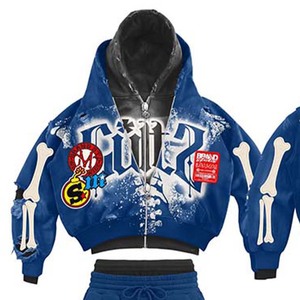 Conjunto de sudadera con capucha azul para hombre, estilo urbano con estampado digital, conjunto de dos piezas con patrón de huesos y pantalones con cremallera - Product Image 4