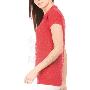 Camiseta de Punto Roja para Mujer, Manga Corta, Diseño Geométrico, Estilo Preppy, Algodón, Corte Regular, Ropa Casual de Primavera/Verano - Product Image 3